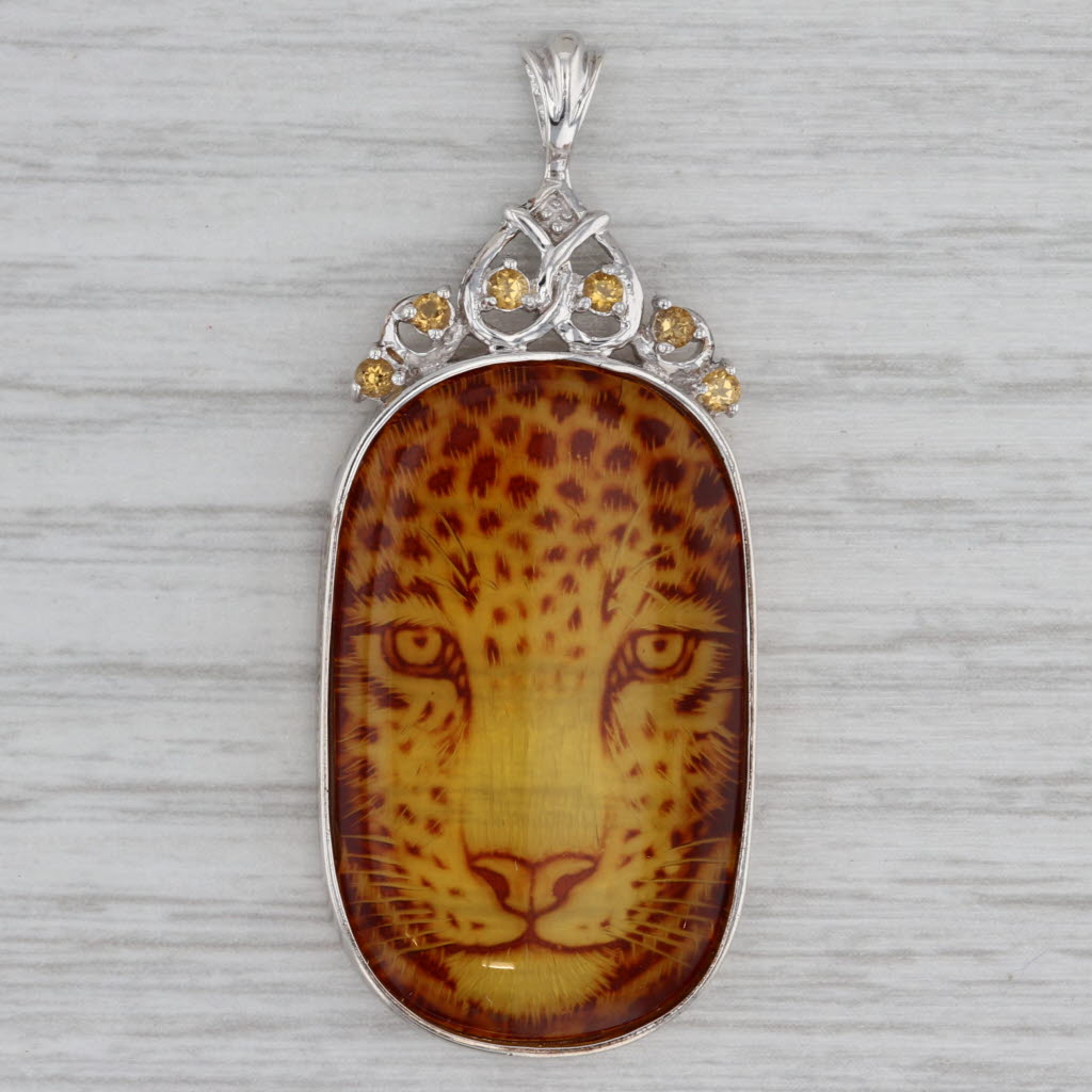 Gray New Citrine Resin Leopard Pendant Sterling Silver Statement
