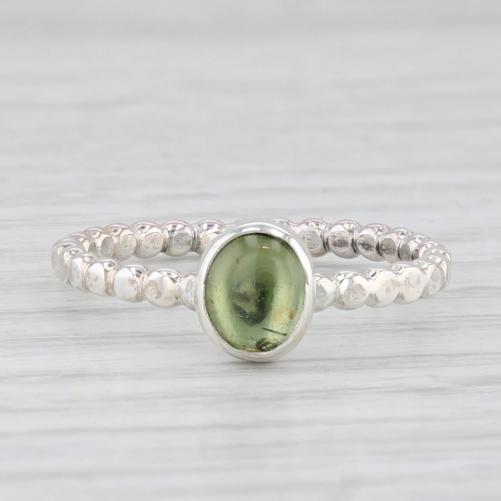 Light Gray Oval Cabochon Peridot Solitaire Ring Sterling Silver Size 8.5 Bead Pattern Band