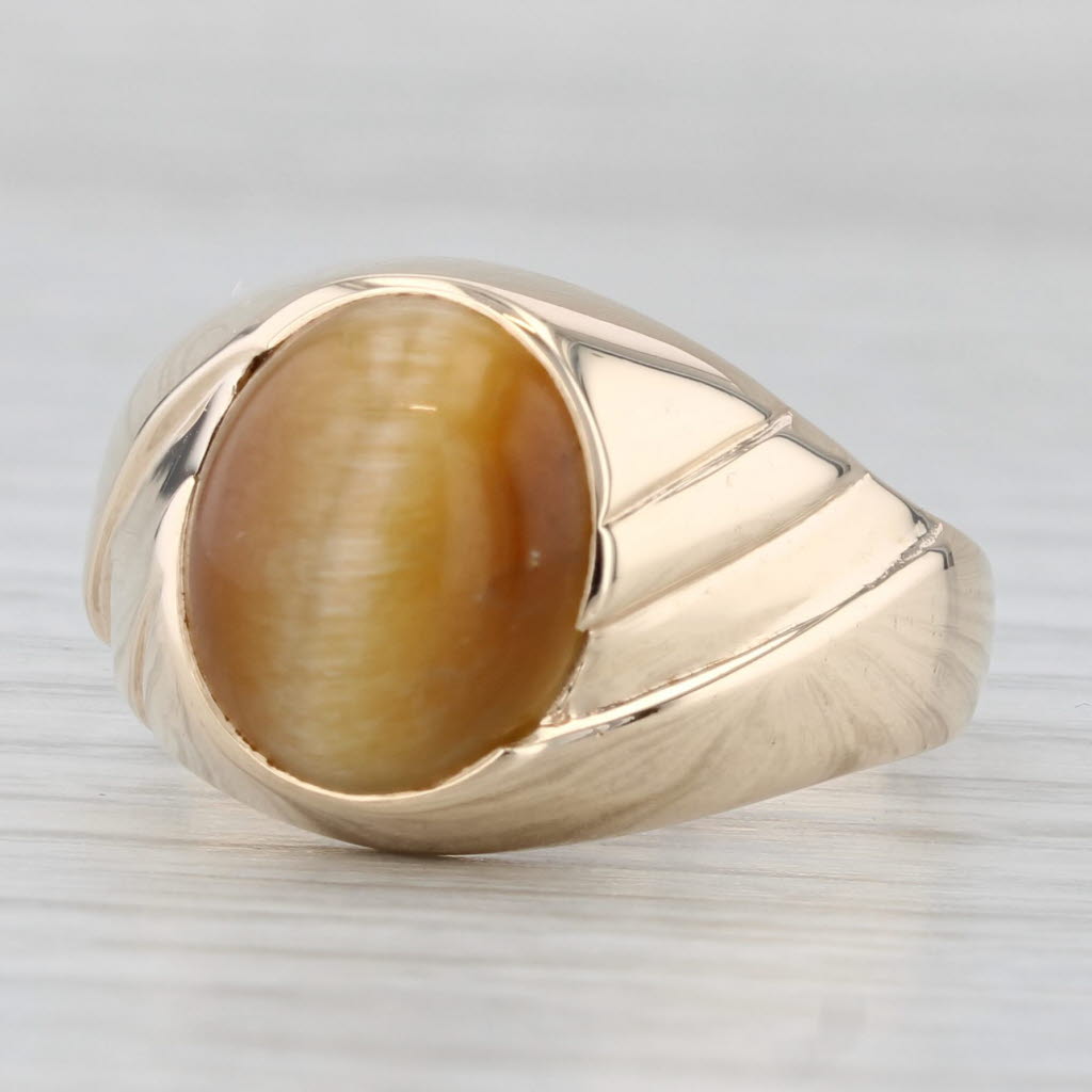 Light Gray Tiger's Eye Oval Cabochon Solitaire Ring 10k Yellow Gold Men's