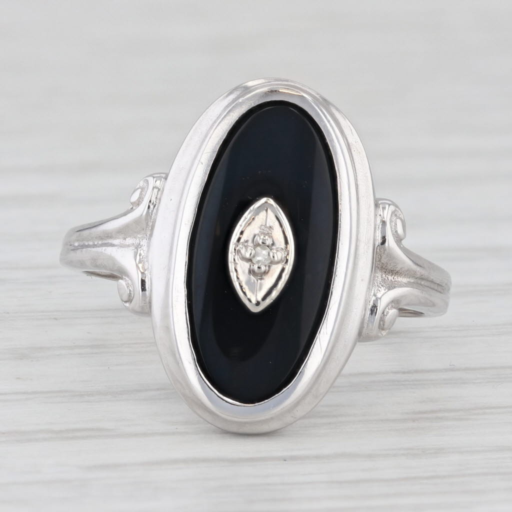 Light Gray Diamond Onyx Vintage Signet Ring 10k White Gold Size 6.25