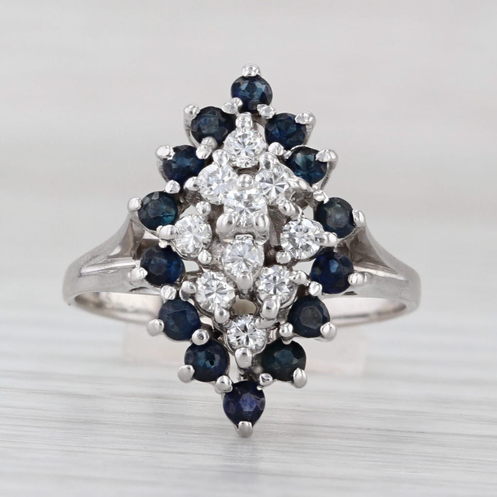 1ctw Blue Sapphire Diamond Cluster Ring 14k White Gold Size 7.5 Cocktail