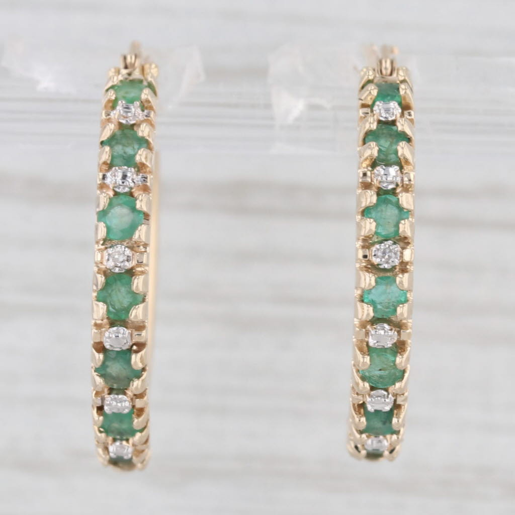 Light Gray 1ctw Emerald Diamond Hoop Earrings 10k Yellow Gold Snap Top Round Hoops