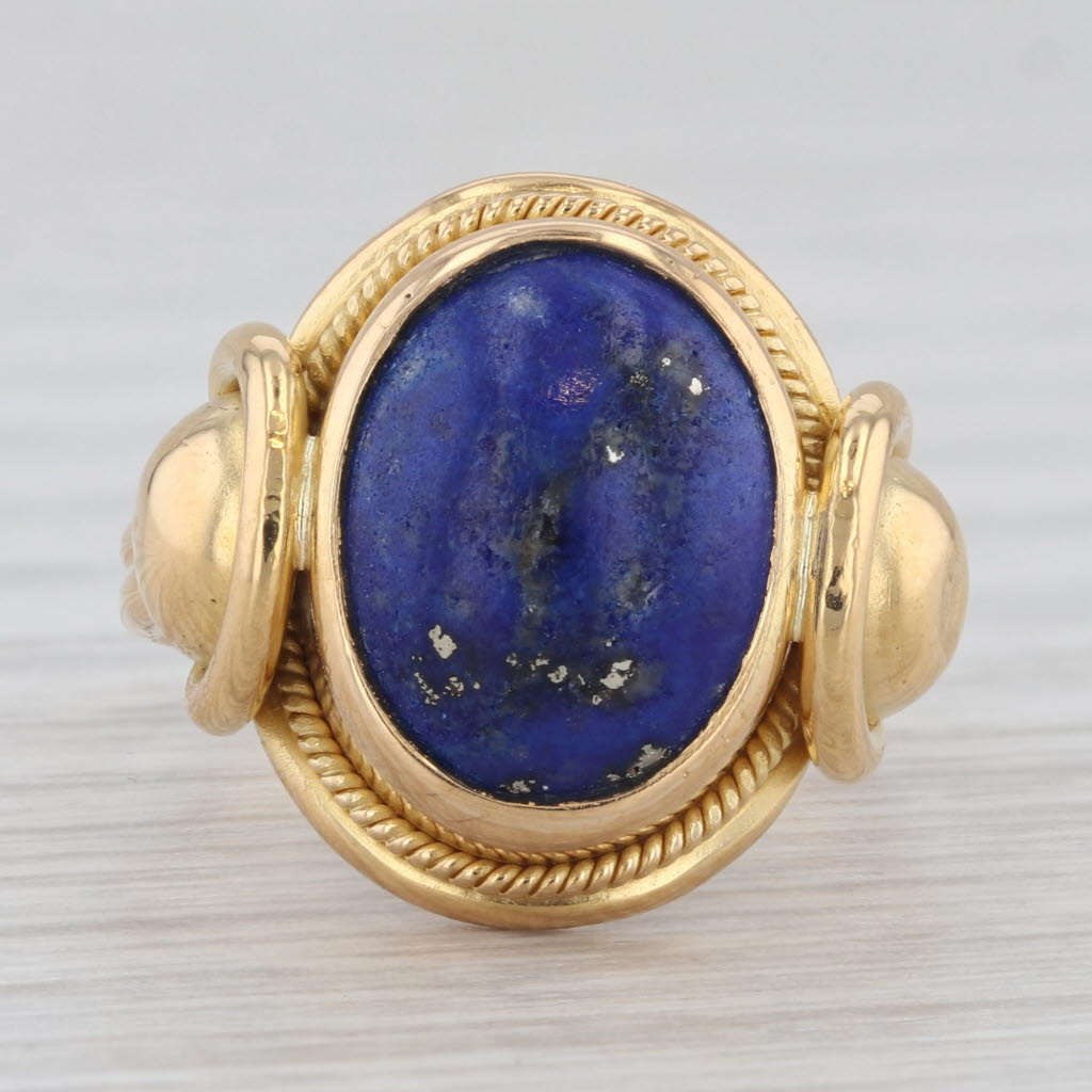 Gray Vintage Blue Lapis Lazuli Ring 22k Yellow Gold Size 5.5 Oval Cabochon Solitaire