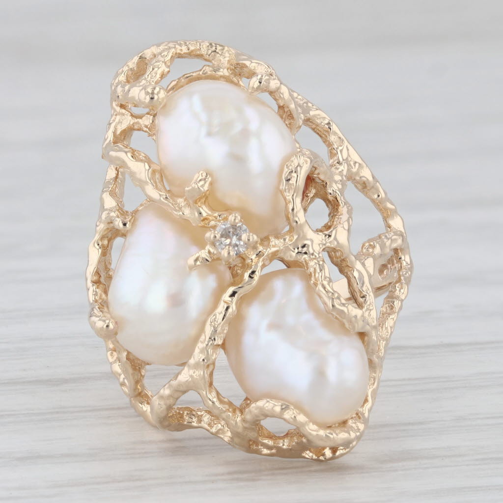 Light Gray Baroque Pearl Cluster Diamond Ring 14k Yellow Gold Size 7 Cocktail