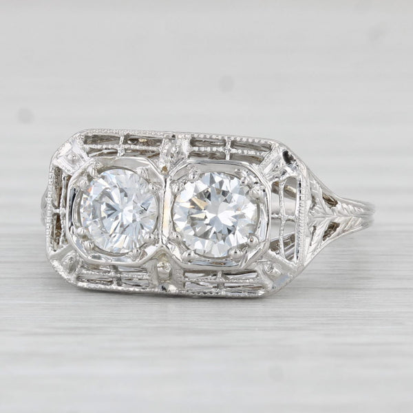 Vintage Diamond Filigree Ring 18k White Gold Size 7 GIA 2-Stone Engagement