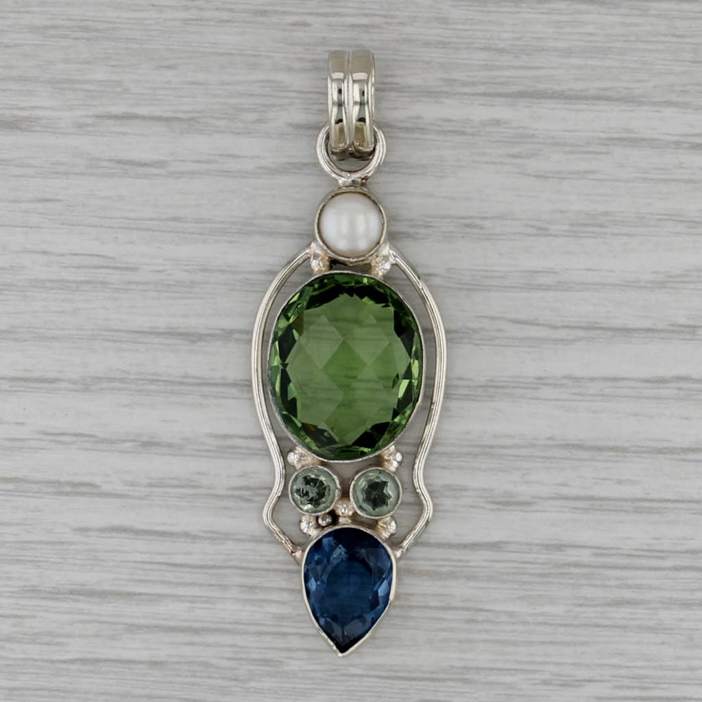 Cultured Pearl Blue Green Glass Statement Pendant Sterling Silver Large Drop