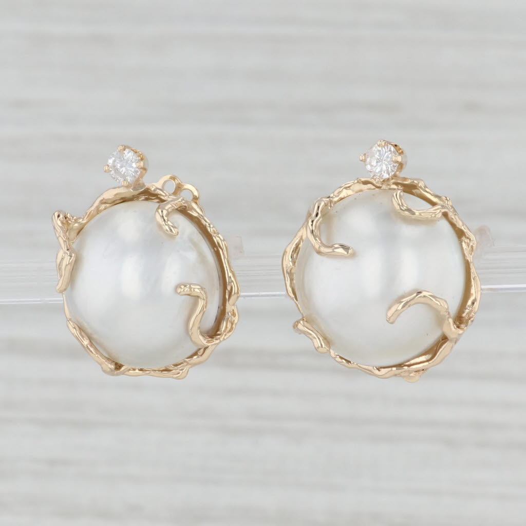 Light Gray Round Mabe Pearl 0.20ctw Diamond Clip On Earrings 14k Yellow Gold Non Pierced