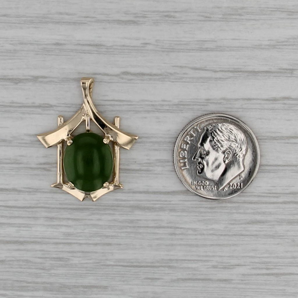 Green Nephrite Jade Pendant 14k Yellow Gold Oval Cabochon Solitaire