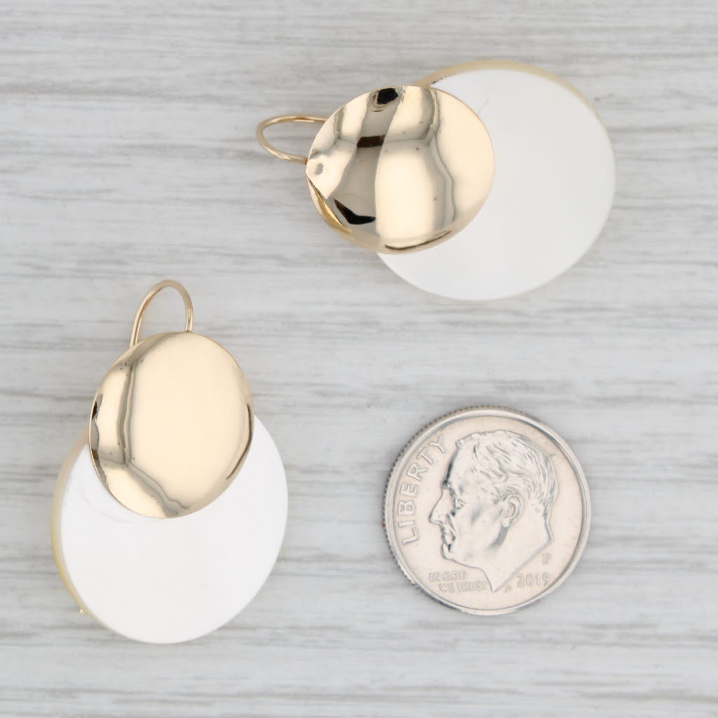 Light Gray Mother of Pearl Round Drop Earrings 14k Yellow Gold Hook Posts