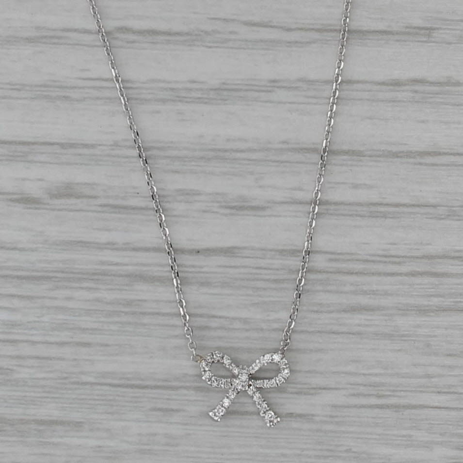 Diamond Bow Pendant Necklace 14k White Gold Cable Chain 16.25"