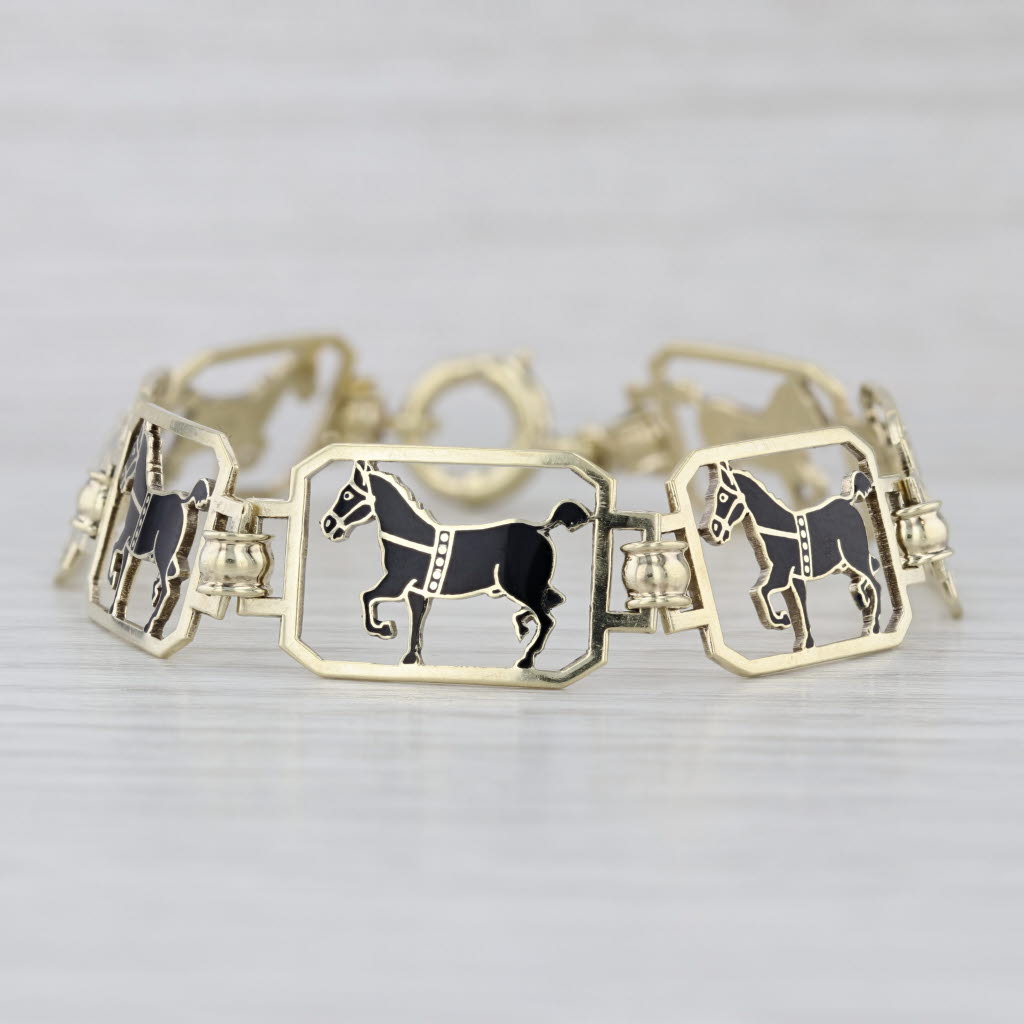 Vintage Black Enamel Horse Panel Bracelet 14k Yellow Gold 6.75" 12.1mm