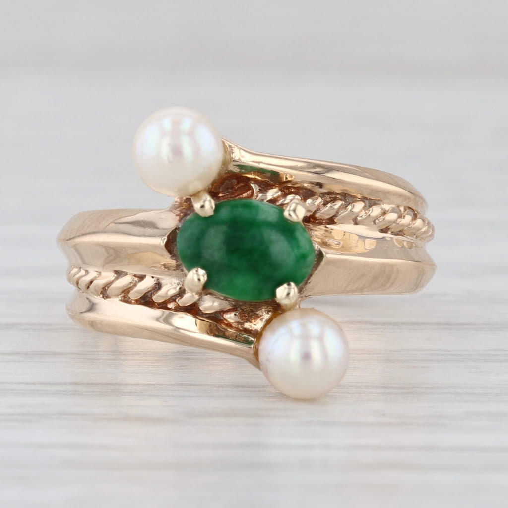 Green Jadeite Jade Pearl Bypass Ring 14k Yellow Gold Size 6
