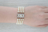 Antique 0.30ctw Diamond Cultured Pearl Multi-Strand Bracelet 14k White Gold 7"