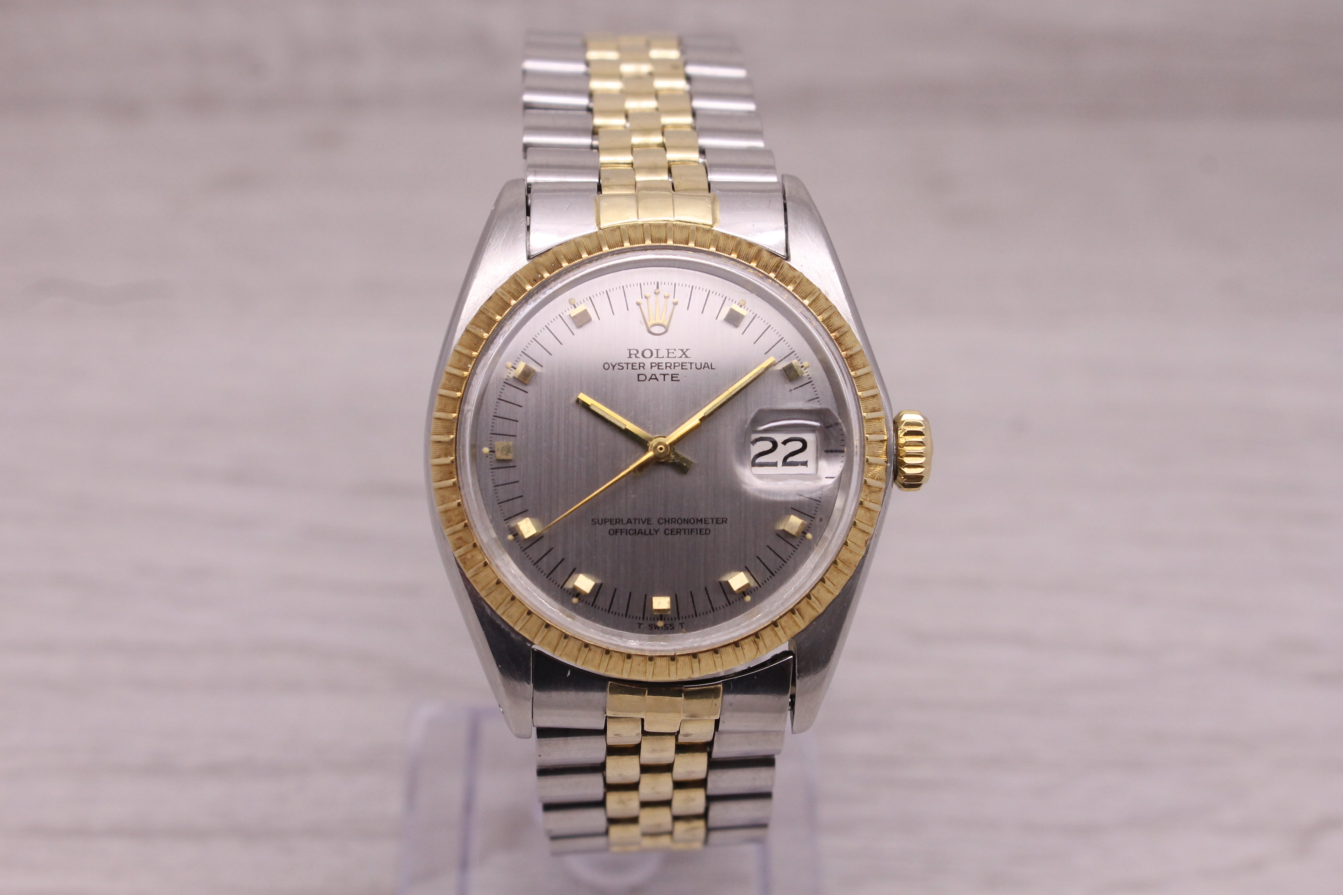 Dark Gray Vintage 1969 Rolex Date 1505 Mens 14k Steel Automatic Watch Jubilee w Box Papers