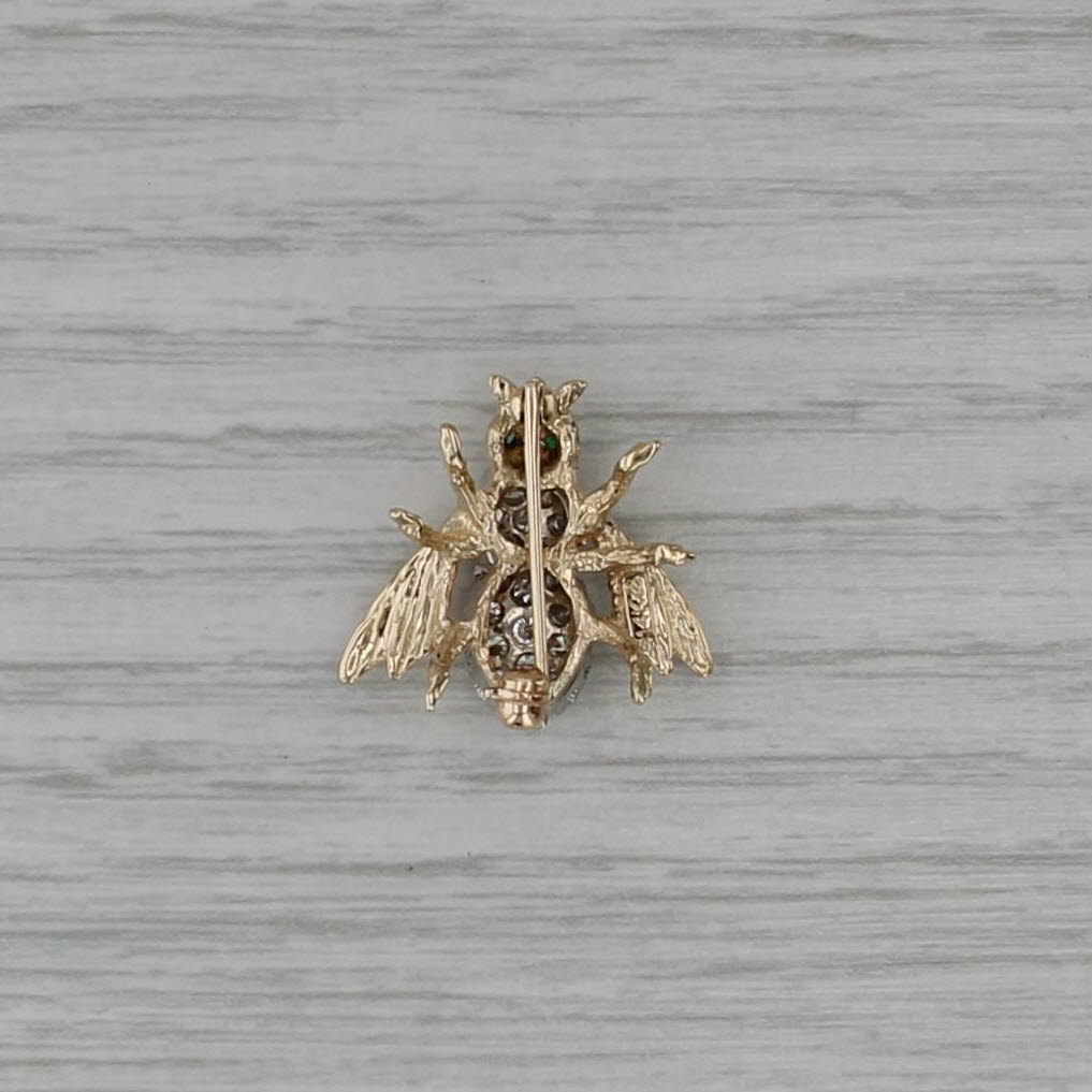 0.70ctw Diamond Cluster Bee Pin 14k Yellow Gold Emerald Eyes Artisan Signed