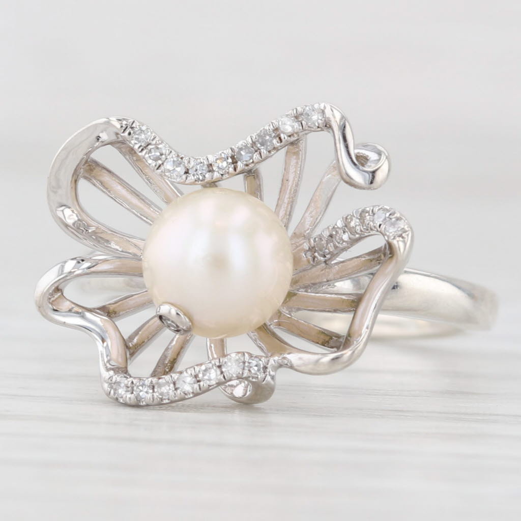 Light Gray Anne Geddes Cultured Pearl Diamond Rimmed Flower Ring Sterling Silver Size 6.25