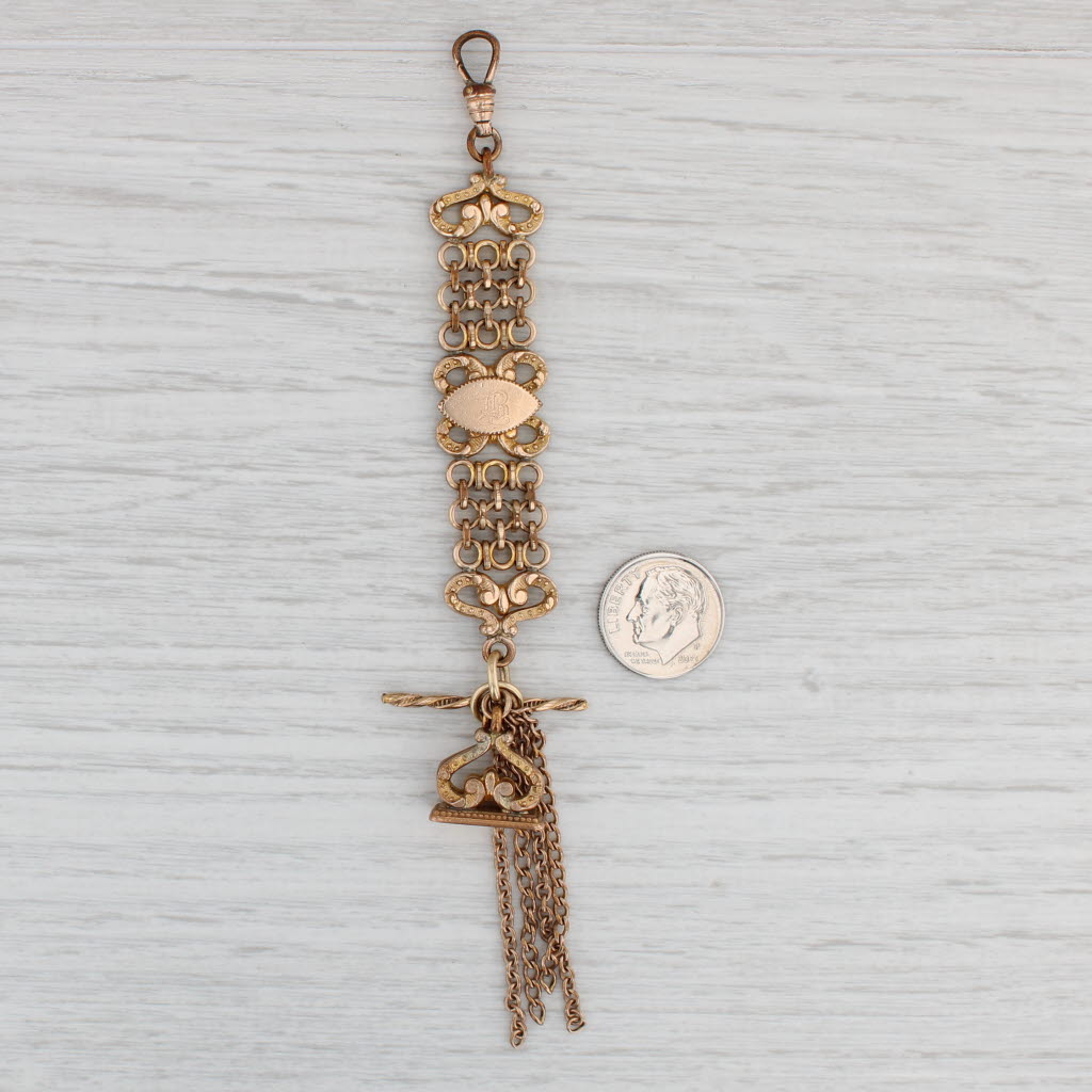 Light Gray Vintage Chatelaine Watch Chain Fob Engraved Gold Filled