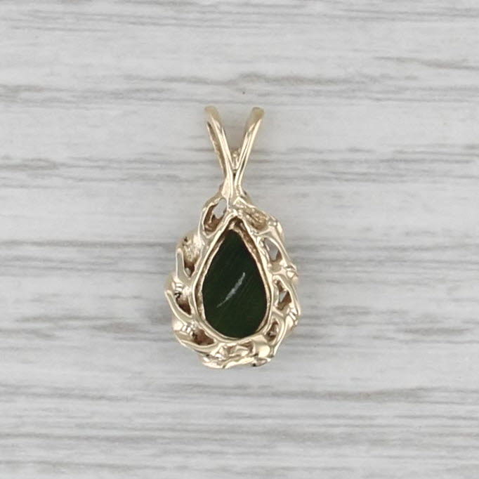 Vintage Green Nephrite Jade Teardrop Pendant 10k Yellow Gold Pear Cabochon