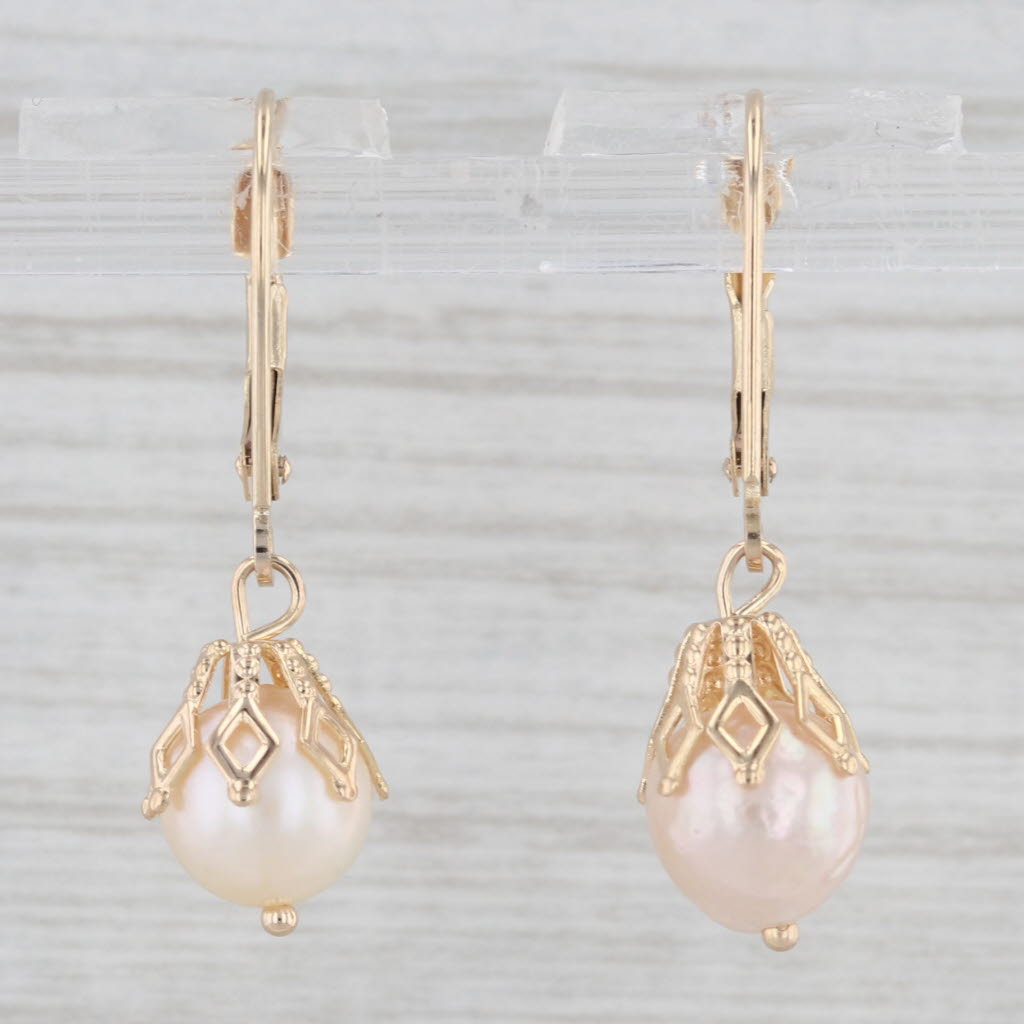 Light Gray Vintage Cultured Pearl Dangle Earrings 14k Yellow Gold Lever Back