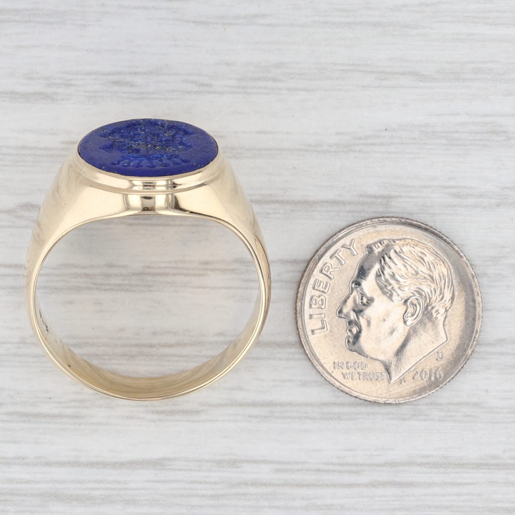 Lapis Lazuli Carved Intaglio Ring 14k Yellow Gold Size 10.75 Signet Coat of Arms