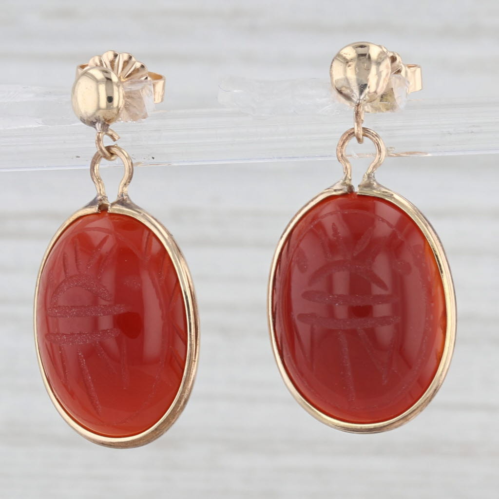 Sold 14K GF Gemstones Scarab Earrings, Carved Carnelian Egypt Revival Earrings, Retro Symmetalic Jewelry Gold Over Sterling, Screw Back Earrings