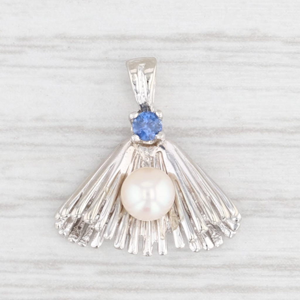 Light Gray Cultured Pearl Blue Sapphire Fan Pendant 14k White Gold Drop