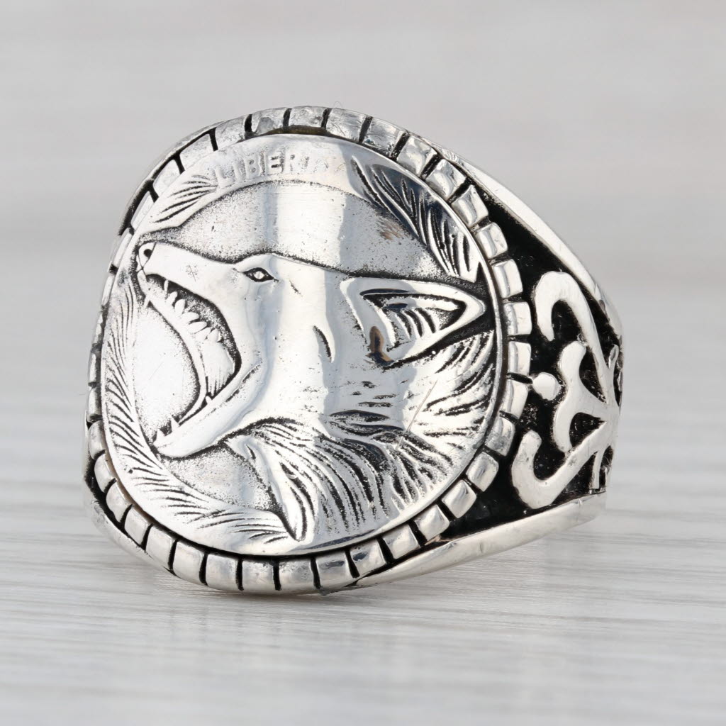 Howling Wolf Coin Ring Sterling Silver Size 13 Biker Ring