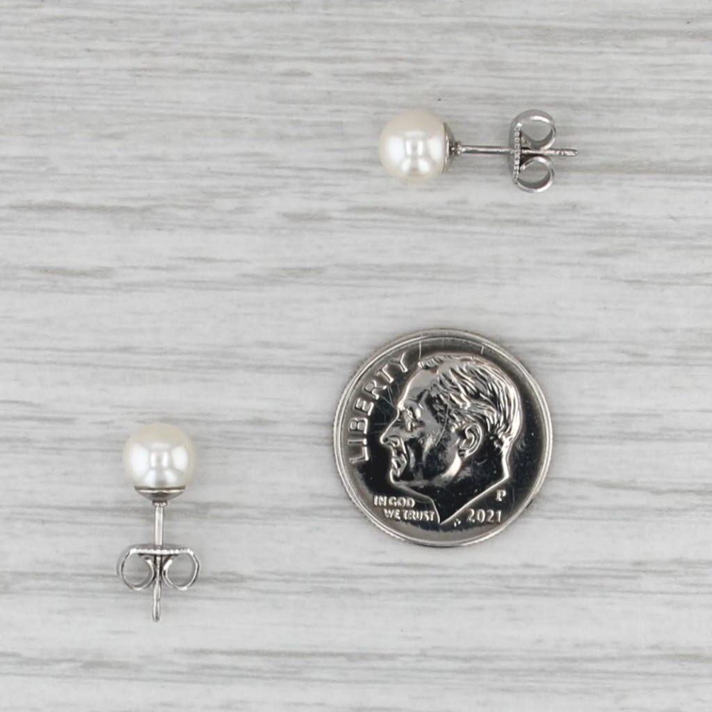 Imitation Pearl Stud Earrings 14k White Gold Round Solitaire Studs