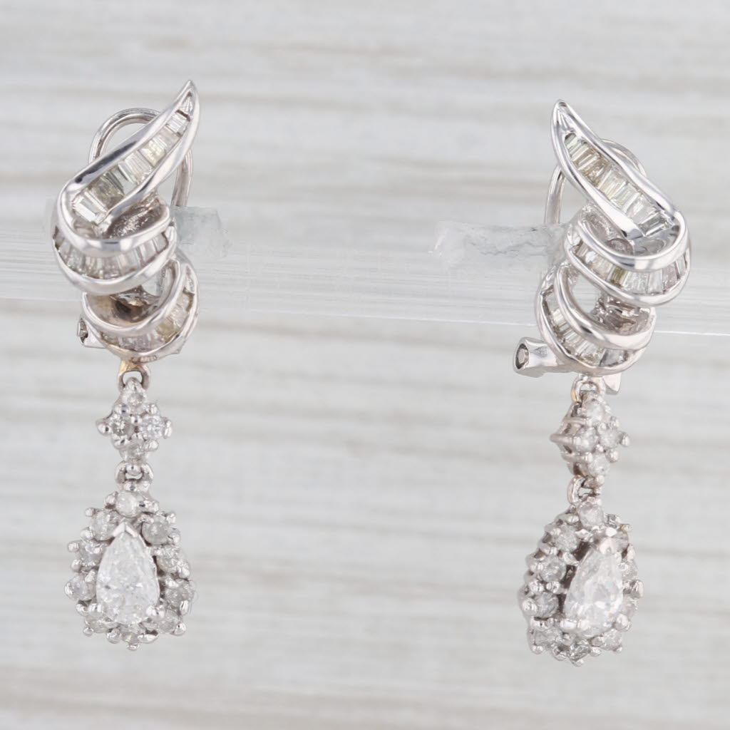 Light Gray 1.63ctw Diamond Teardrop Halo Earrings 18k White Gold Pierced Omega Backs