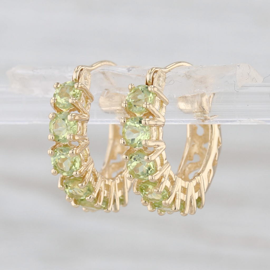 1.50ctw Peridot Small Hoop Earrings 14k Yellow Gold Snap Top Round Hoops