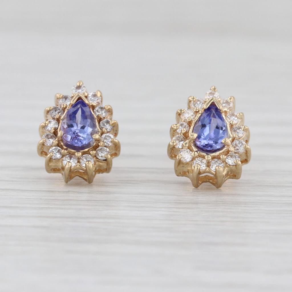 1.40ctw Tanzanite Diamond Halo Stud Earrings 14k Gold Teardrop Studs Clutch Back