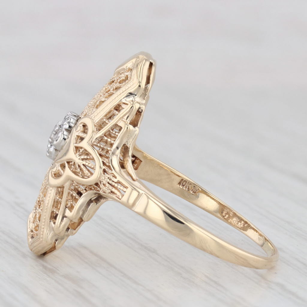 Light Gray Diamond Cluster Filigree Ring 10k Yellow Gold Size 9 Vintage Art Deco