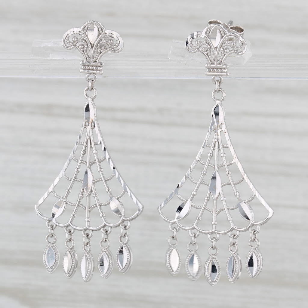 Light Gray Webbed Filigree Fringe Dangle Earrings 14k White Gold Pierced Drops