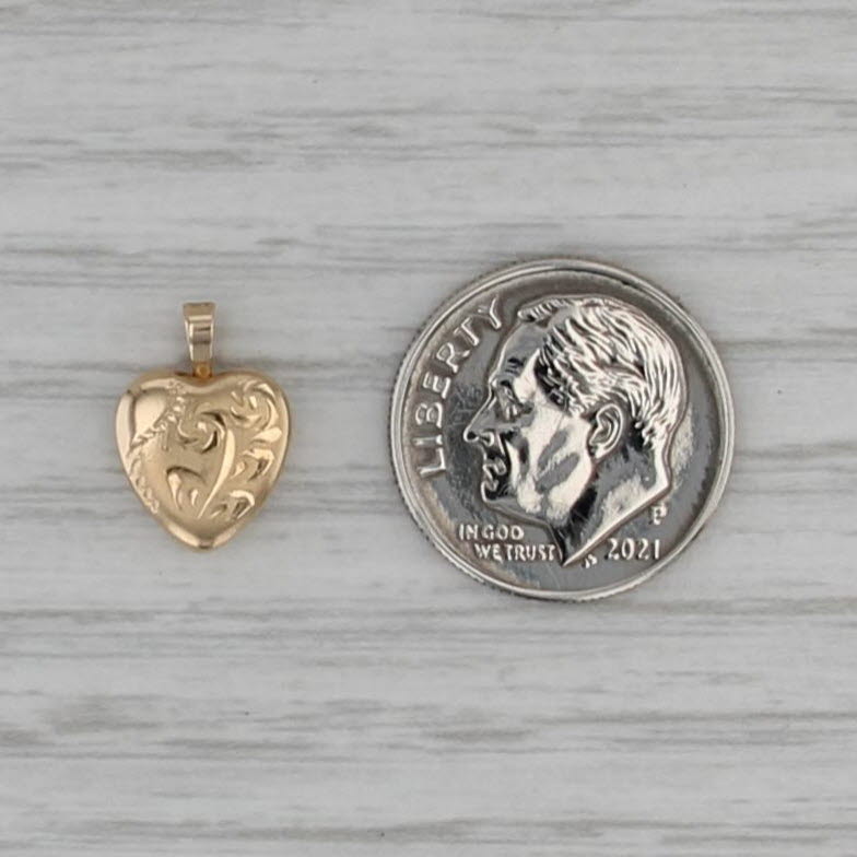 Tiny Floral Engraved Heart Photo Locket Pendant 14k Yellow Gold Charm