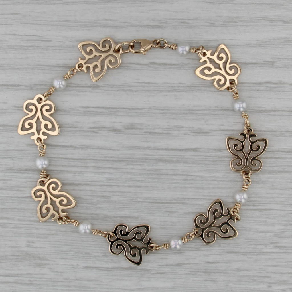 James Avery Cultured Pearl Butterfly Chain Bracelet 14k Yellow Gold 7.75"
