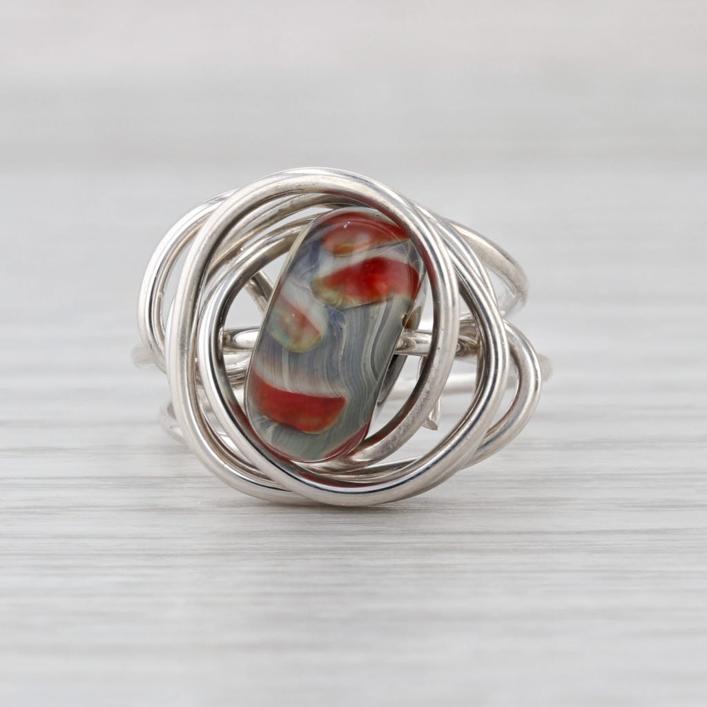 Glass Donut Bead Knot Ring Sterling Silver 925 Statement Size 7
