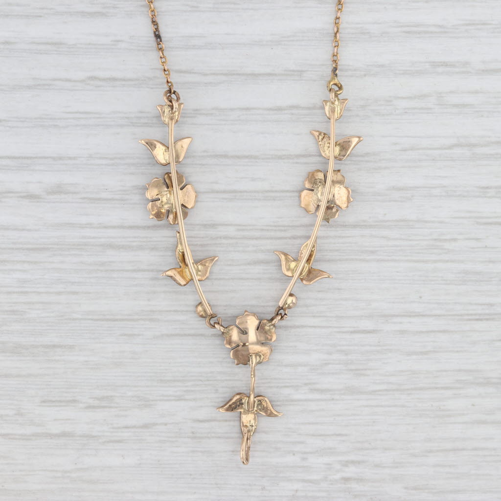 Antique Lavalier Flower Necklace 10k Yellow Gold Seed Pearls Green Glass 20"