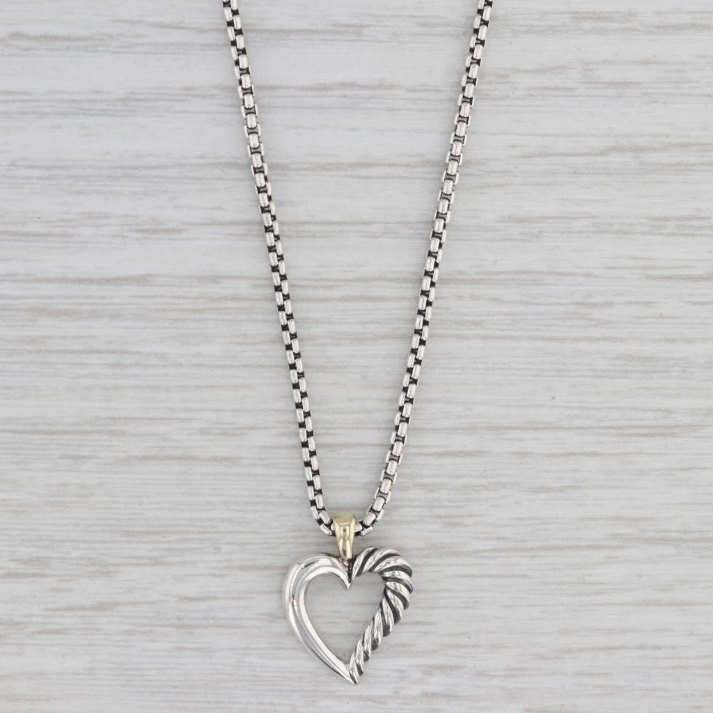 Gray David Yurman Classic Cable Heart Pendant Necklace Sterling Silver 14k Gold 18"