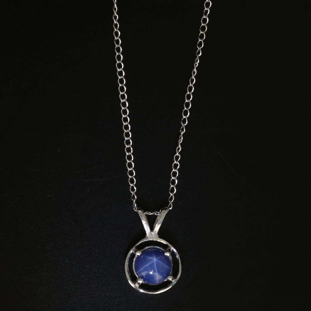 Black Lab Creates Blue Star Sapphire Pendant Necklace 10k White Gold 16.25" Curb Chain