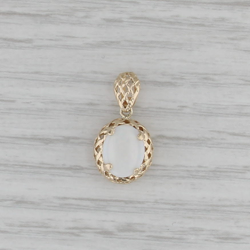 Oval Opal Cabochon Solitaire Pendant 14k Yellow Gold Basketweave Drop