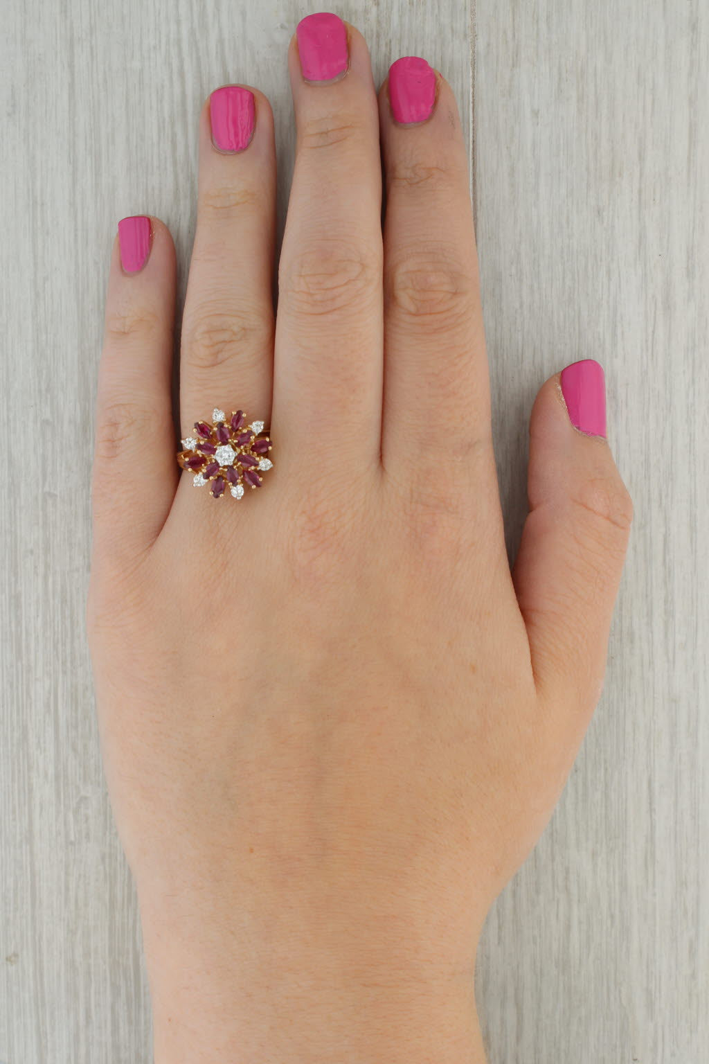 Rosy Brown 1.79ctw Ruby Diamond Cluster Flower Ring 14k Yellow Gold Size 8 Cocktail