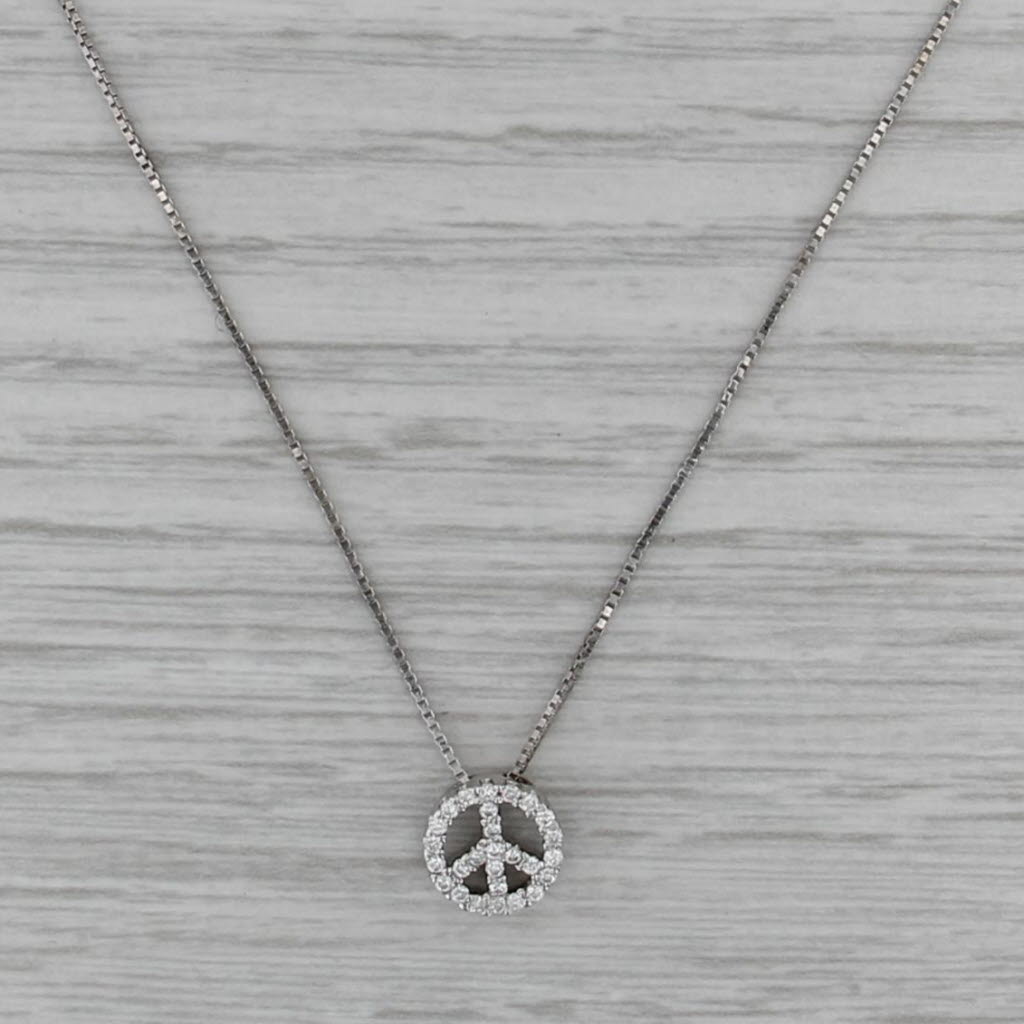 0.16ctw Diamond Peace Sign Pendant Necklace 14k White Gold 17.5" Box Chain
