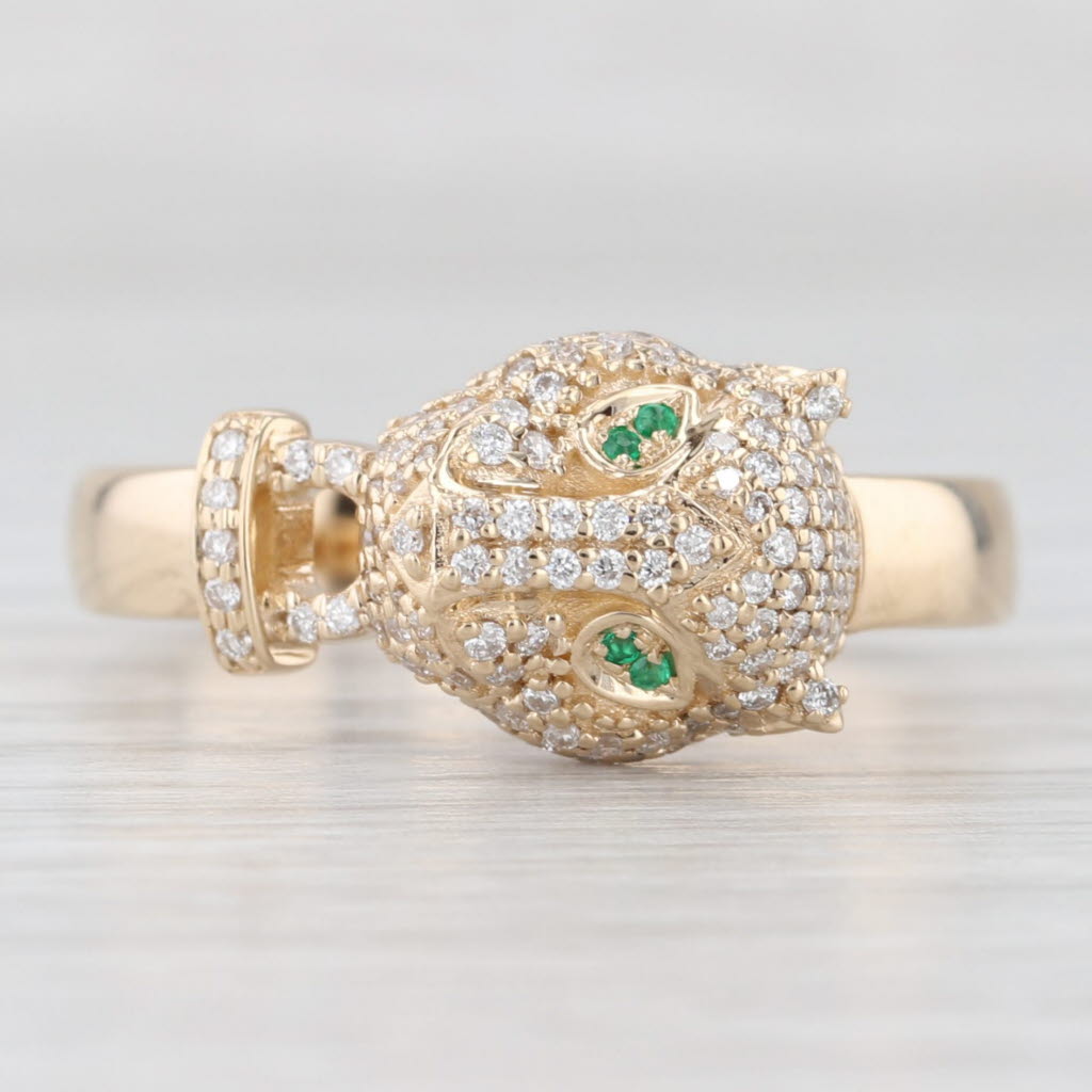 Light Gray 0.37ctw Diamond Emerald Green Eyed Panther Cat Ring 10k Gold Size 10.75
