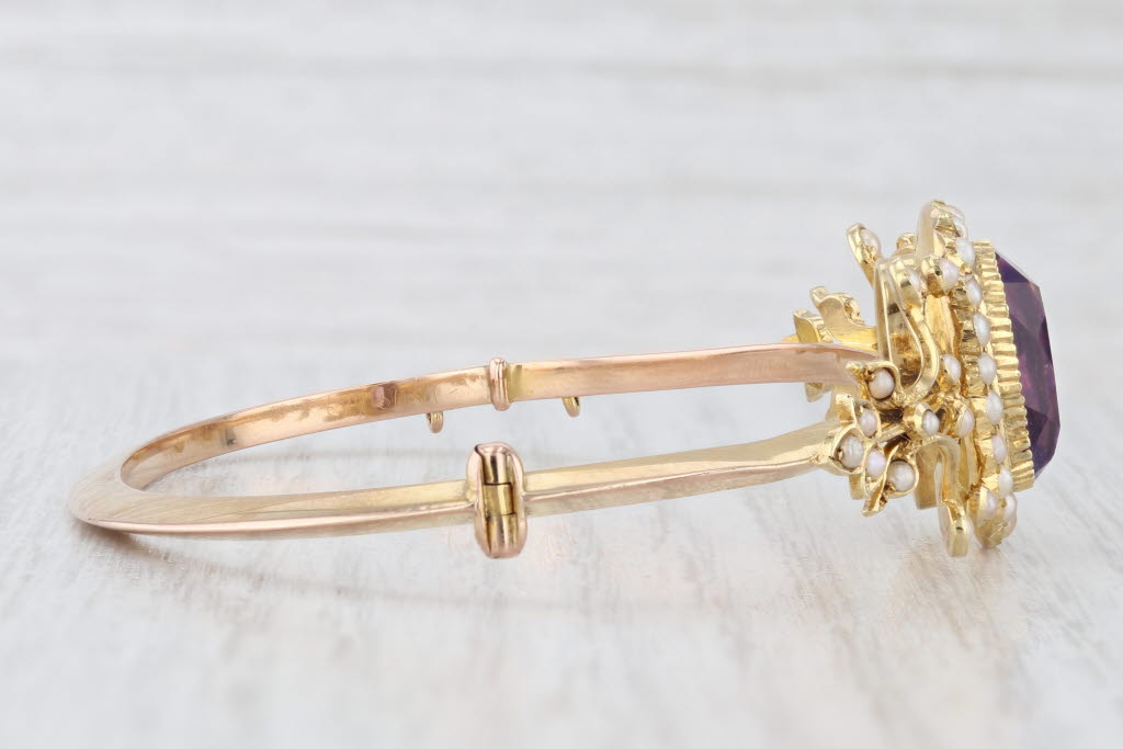 Light Gray Ornate Antique 5.50ct Amethyst Pearl Halo Bangle Bracelet 14k Yellow Gold 6.25"