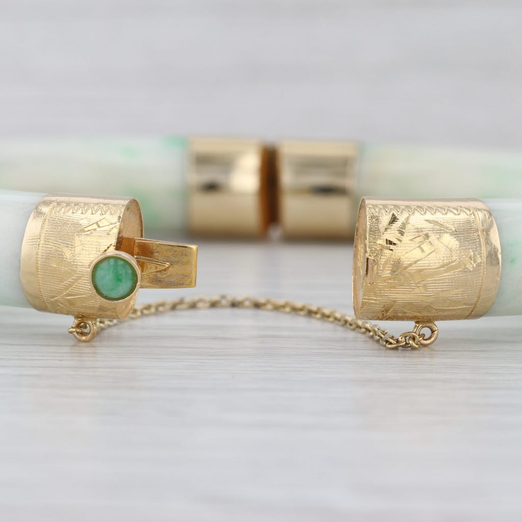 Green Jadeite Jade Bangle Bracelet Floral 14k Yellow Gold 7" 10.1mm