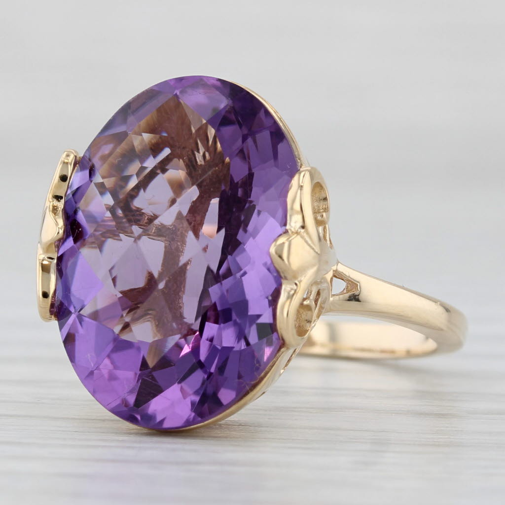 Light Gray 10.37ct Oval Amethyst Solitaire Ring 14k Yellow Gold Sz 7.5 Fleur Di Lis Accents