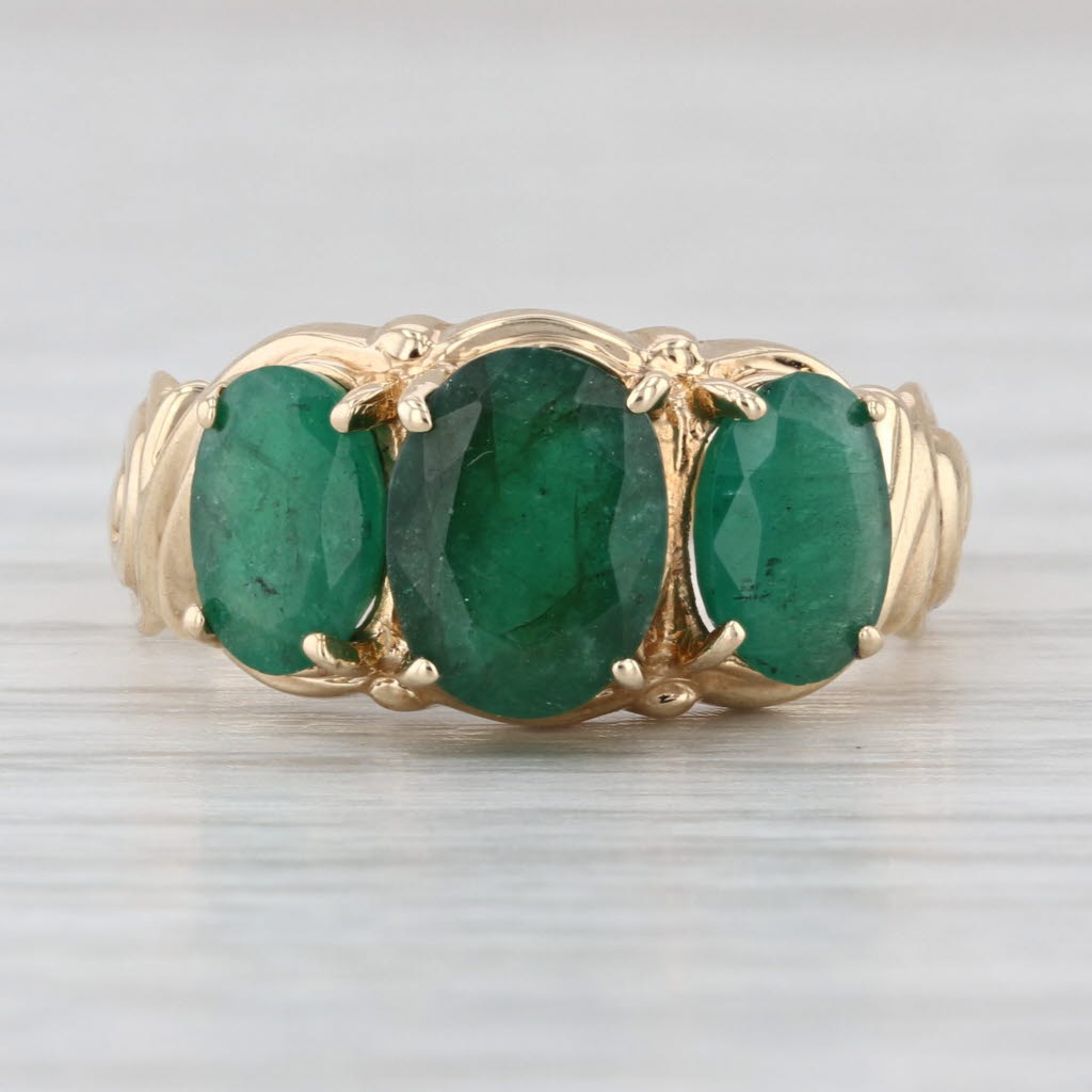 Vintage 2.55ctw 3-Stone Oval Emerald Ring 10k Yellow Gold Size 7