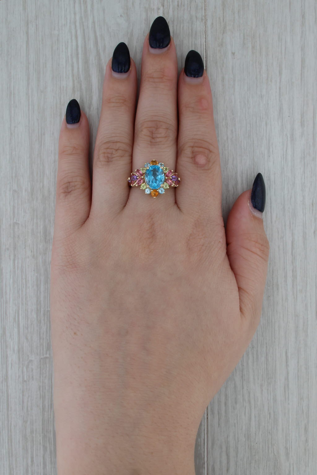 4.51ctw Blue Topaz Citrine Peridot Cluster Ring 14k Gold Size 8.25 Cocktail