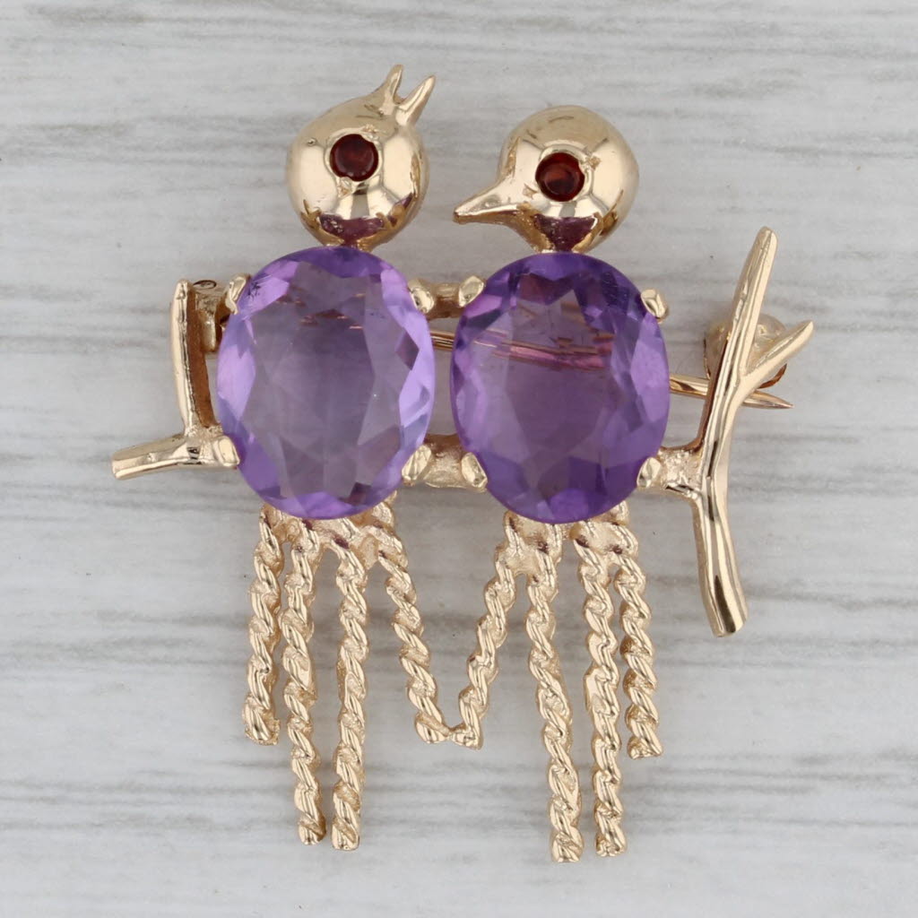 Gray 5.04ctw Amethyst Garnet Birds Perched on a Branch Brooch 14k Yellow Gold Pin