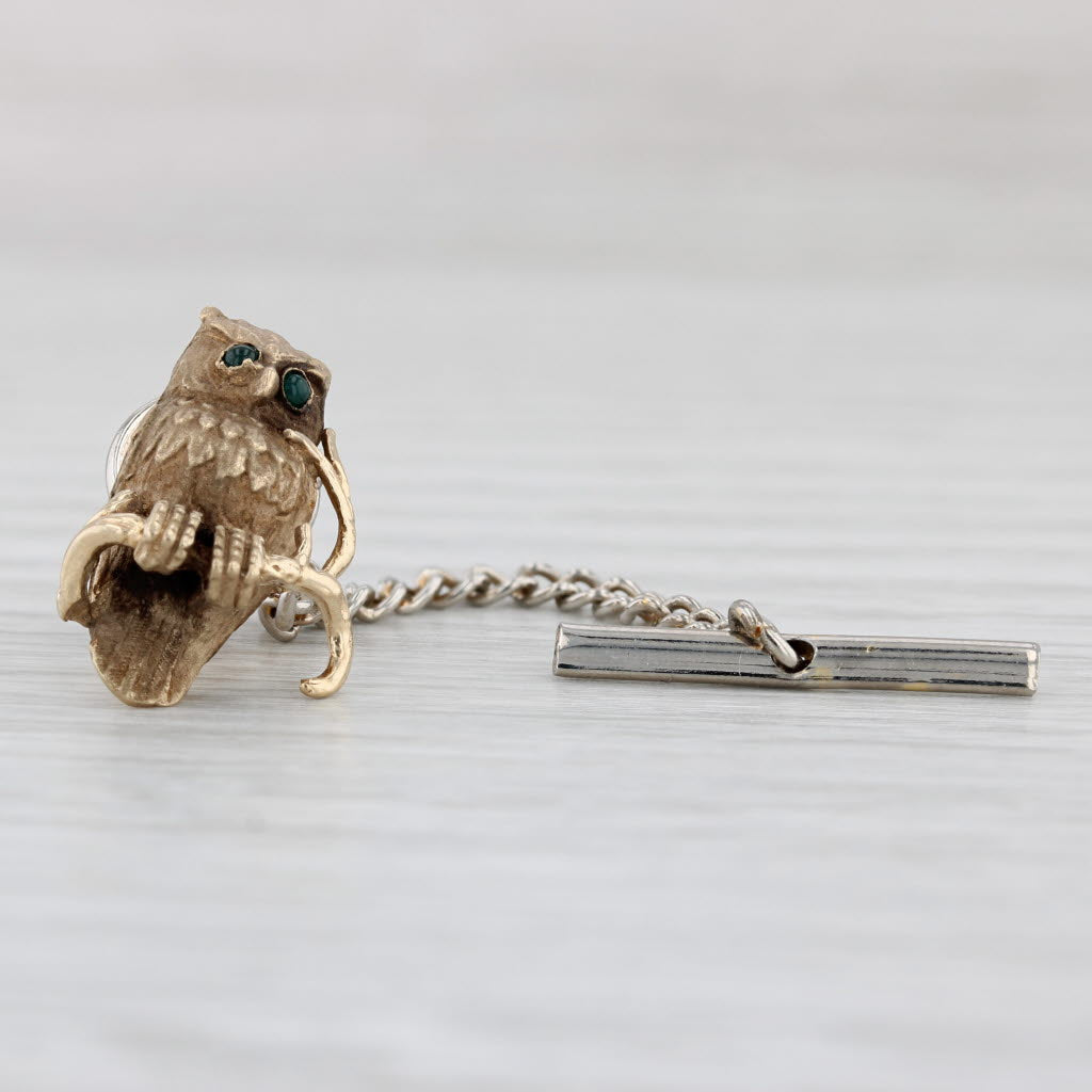 Light Gray Vintage Perched Owl Tie Tac Pin 14k Yellow Gold Green Glass Eyes